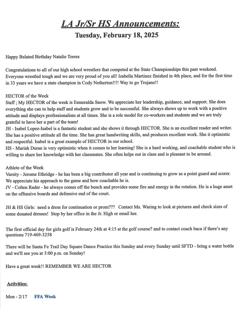 Jh/HS announcements