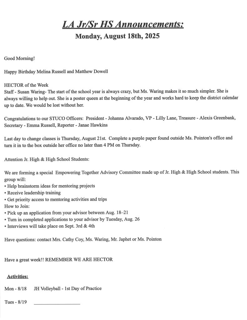 JH/HS announcements