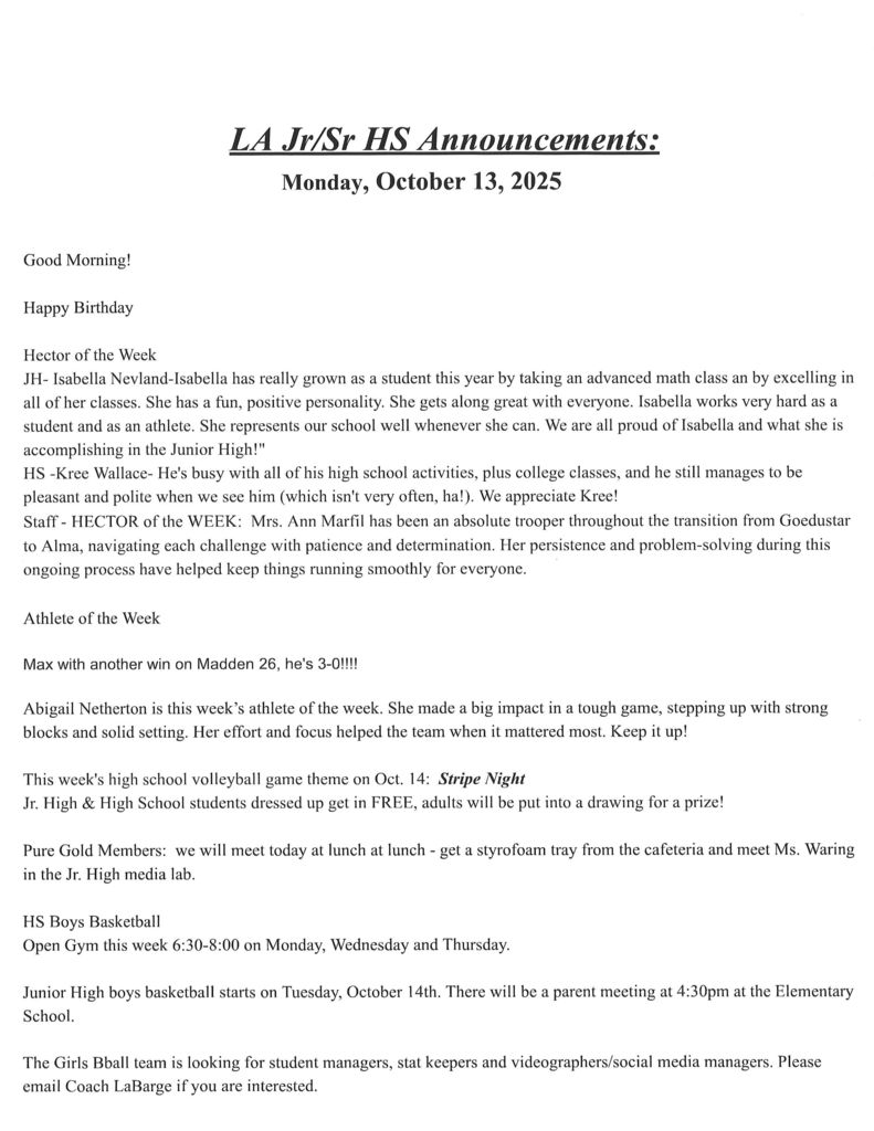 Jh/HS announcements
