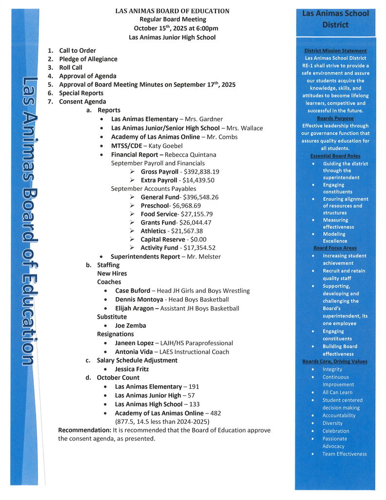 LASD Board Agenda for 10/15