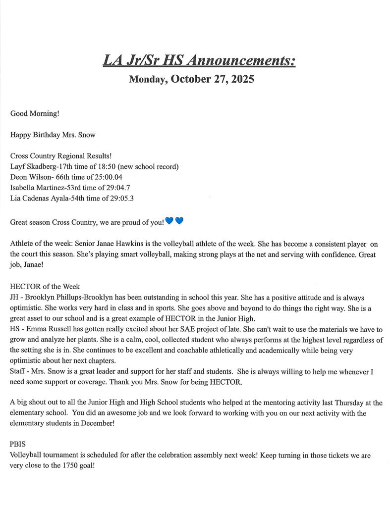 10/27 JH/HS Announcements