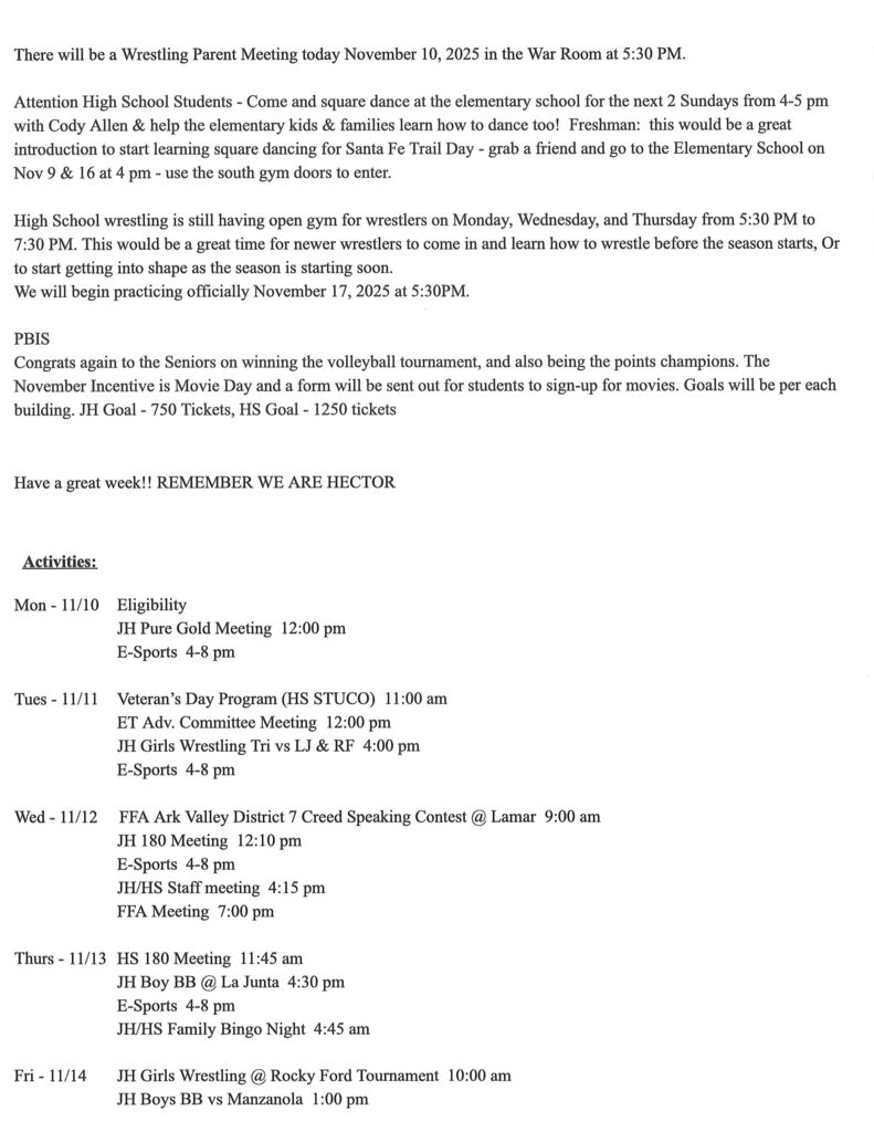 JH/HS Announcements for 11/10: 