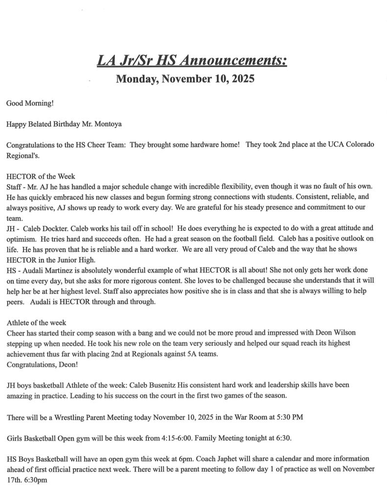 JH/HS Announcements for 11/10: 