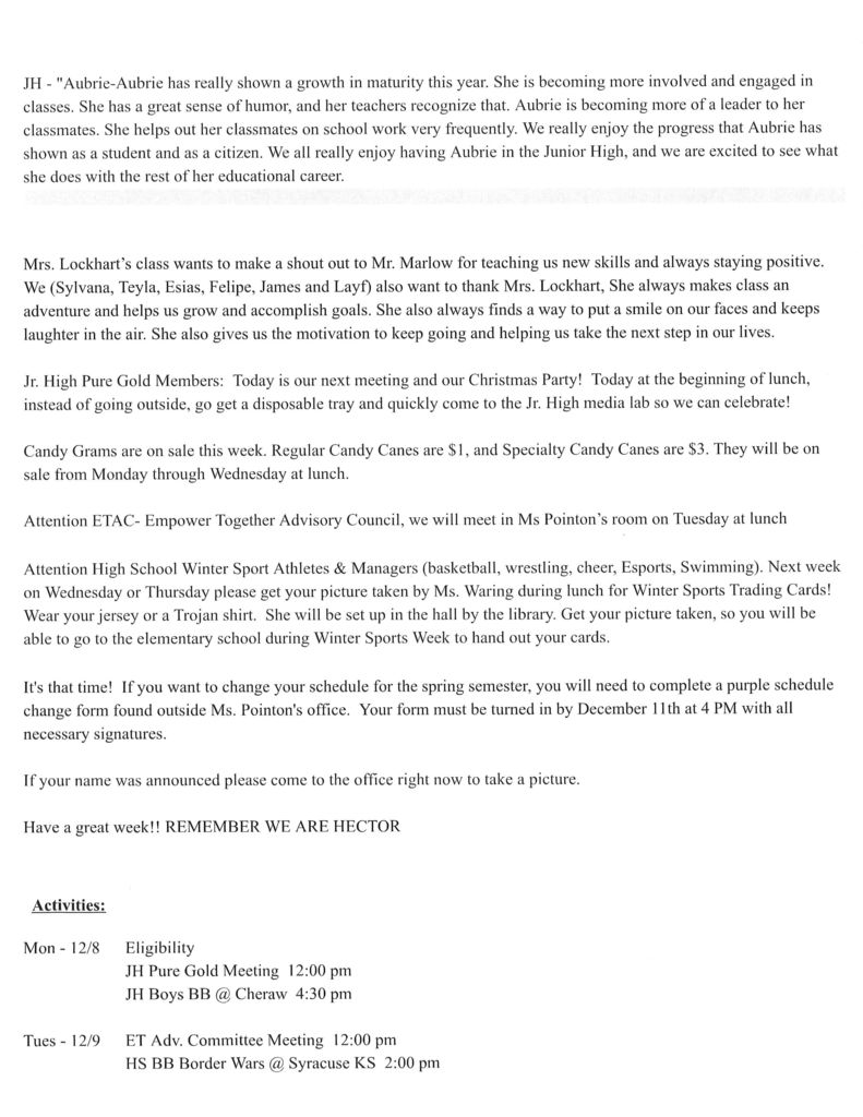 JH/HS Announcements