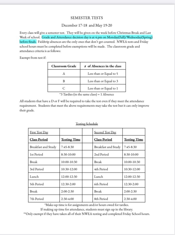 HS Semester test schedule 