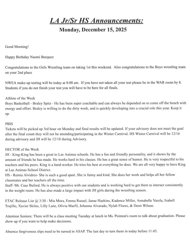 12/15 Announcements for JH/HS 