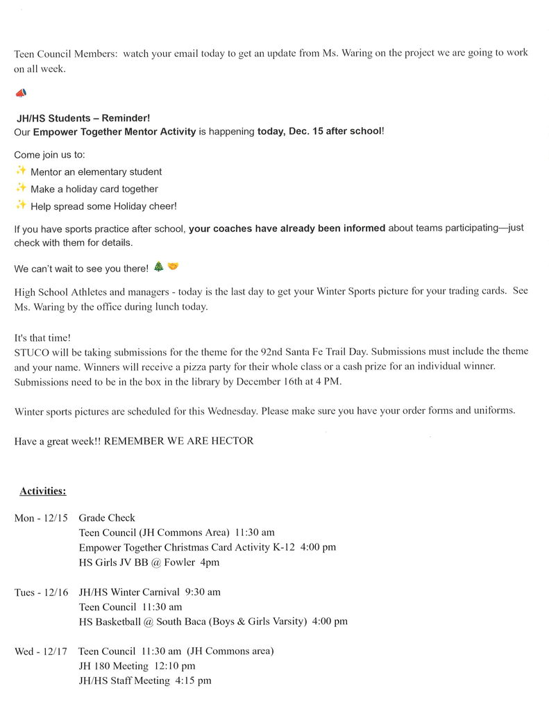 12/15 Announcements for JH/HS 