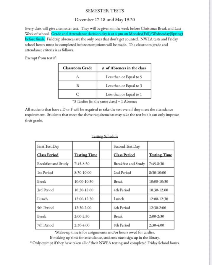 semester test schedule for HS 