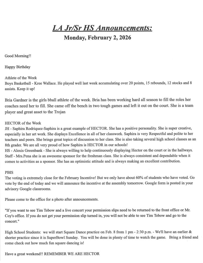 JH/HS Announcements for 2/2/26