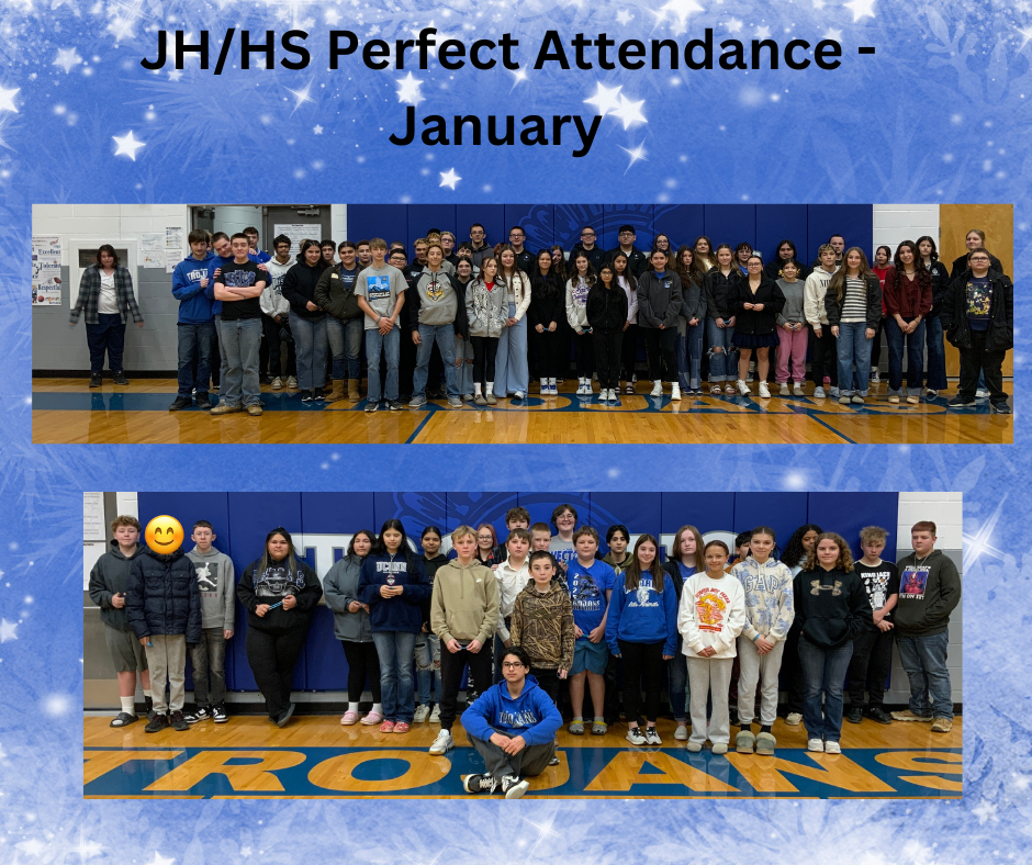 a flyer with the JH/HS students who had perfect attendance for Janaury 
