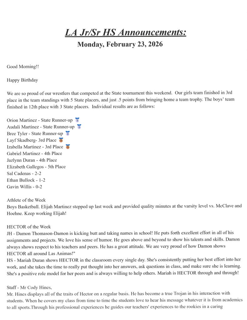 JH/HS 2/23 Announcements