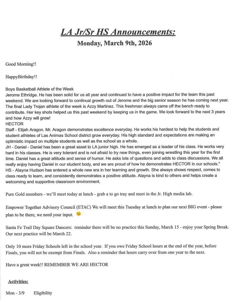 3/9 JH/HS anouncements 