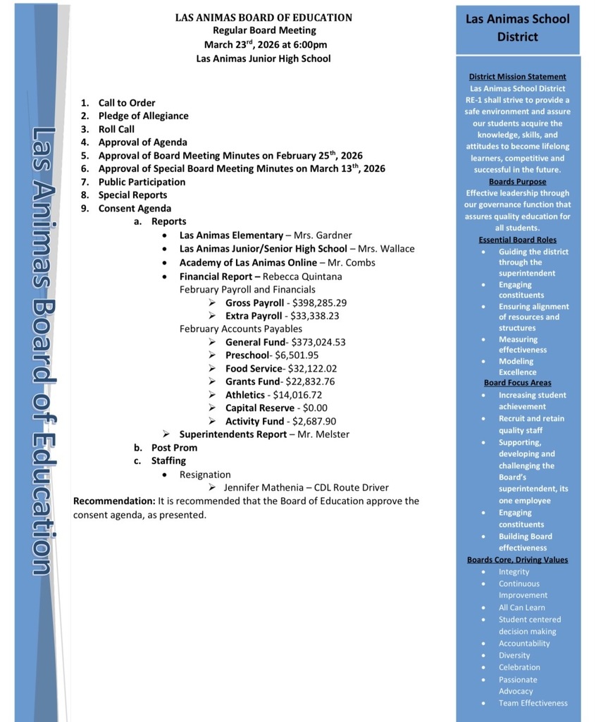 School board agenda for 3/23