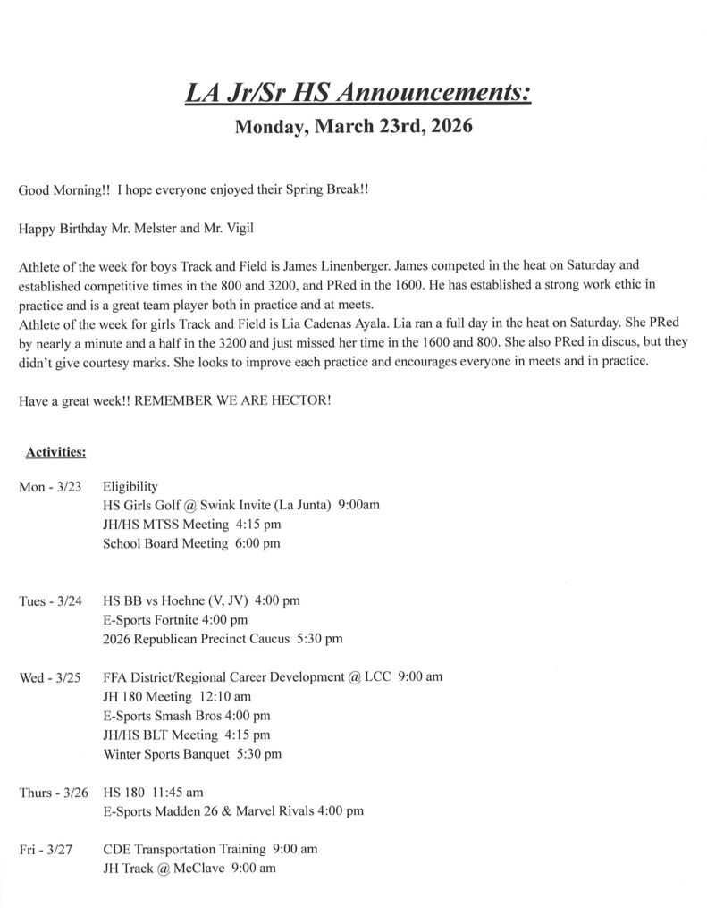 JH/HS 3/23 Announcements 