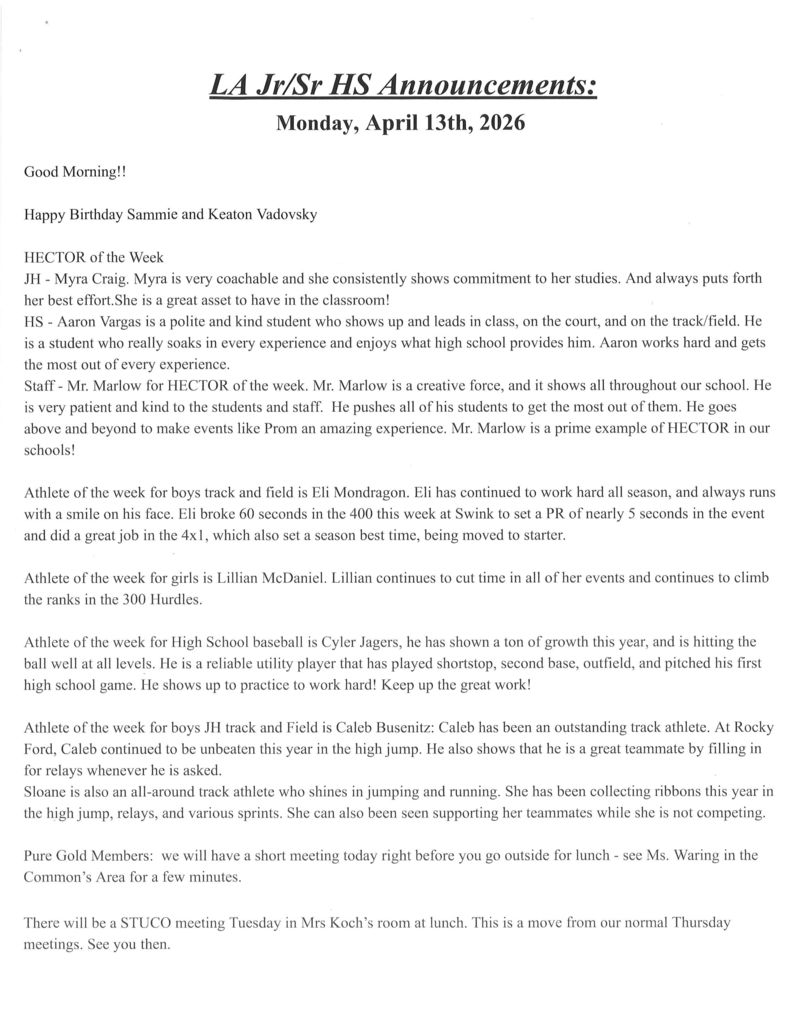 4/13 JH/HS Announcements