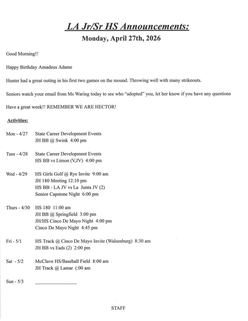 announcements for JH/HS 