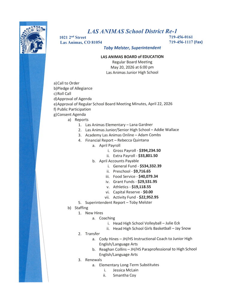 School Board Agenda for 5/20/26