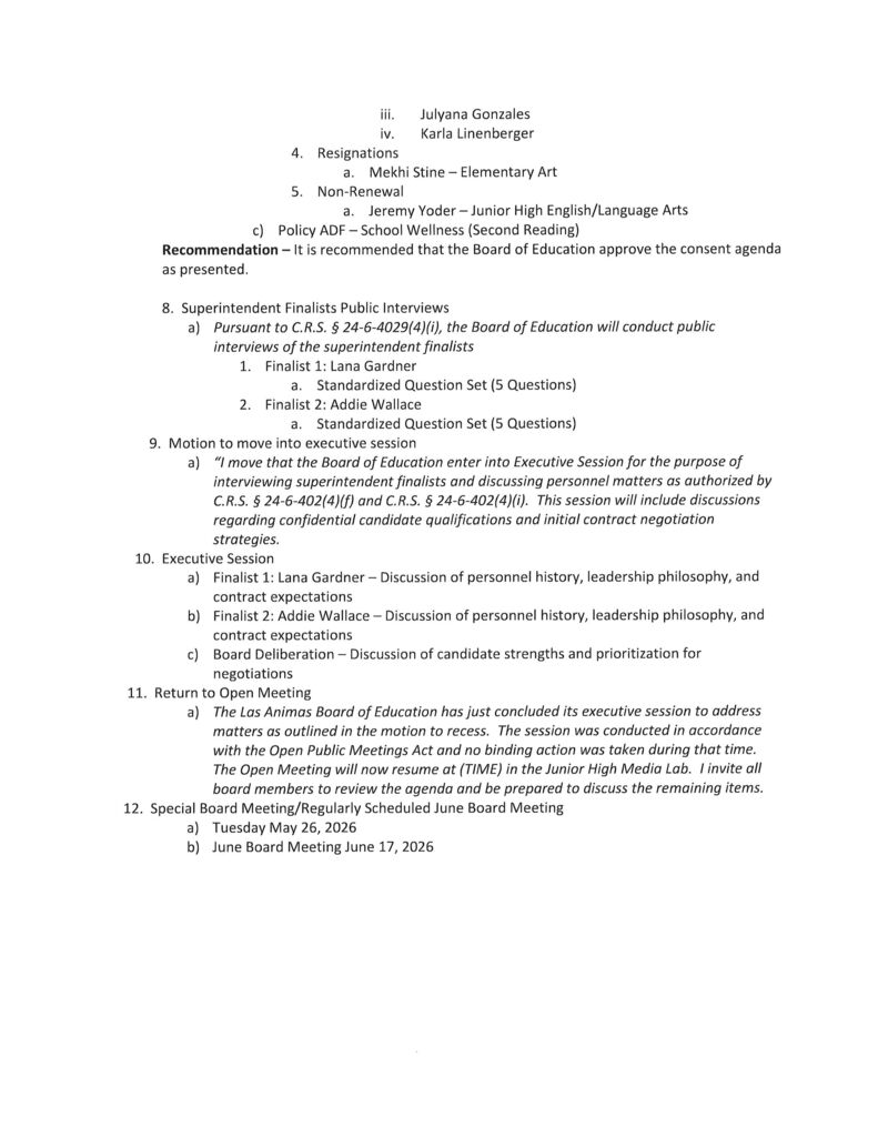 School Board Agenda for 5/20/26
