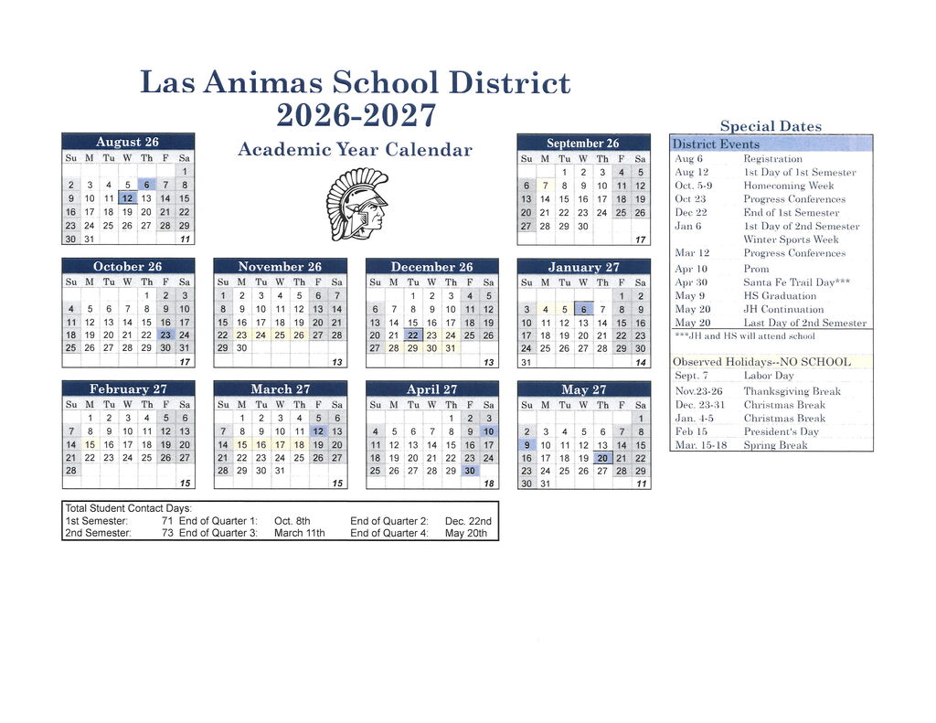 LASD academic calendar for 26-27 school year