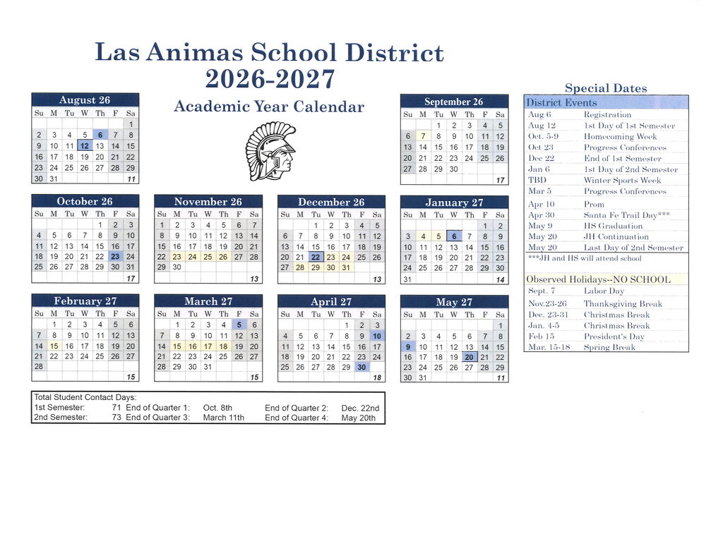 LASD academic calendar for 26-27 school year