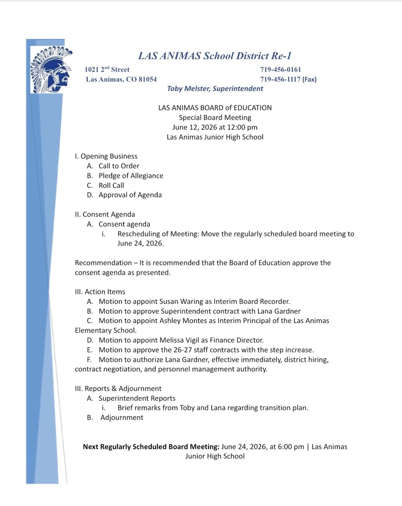 Special school board meeting agenda for 6/12 @ noon