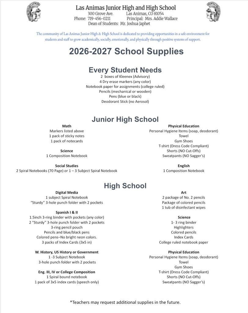 JH/HS school supply list