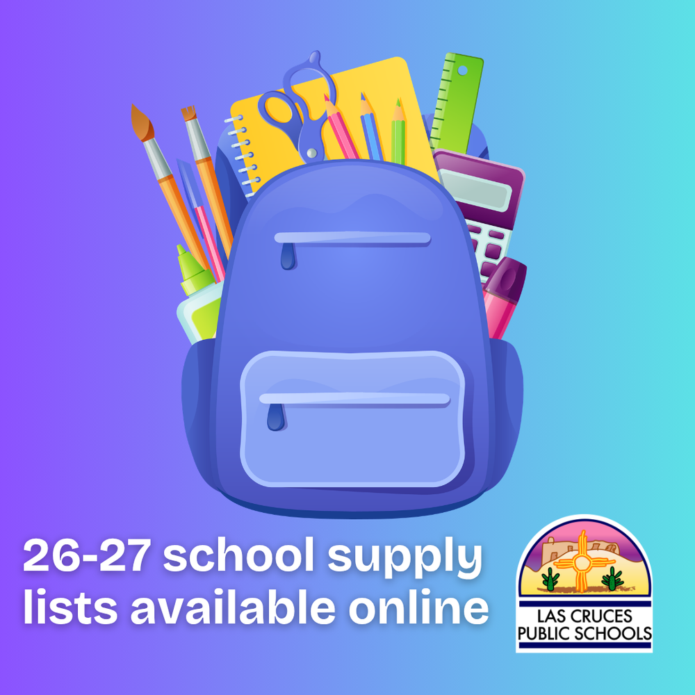blue gradient graphic with backpack and school supplies