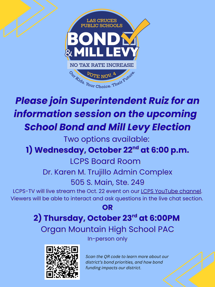 blue poster with information on a community bond and mill levy meetings
