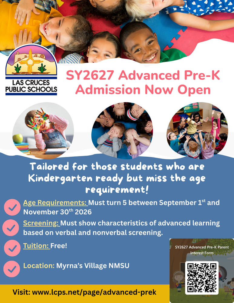 blue and white flyer with children, English