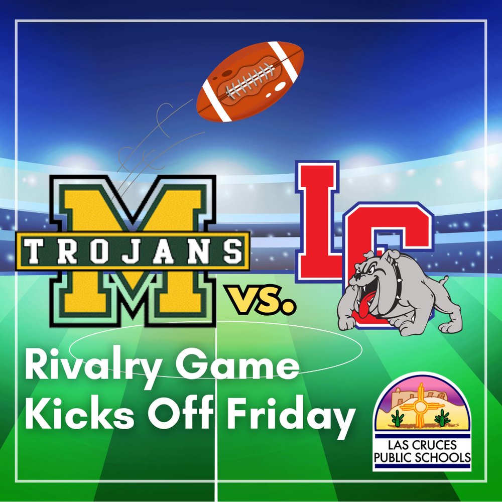 football field with Mayfield logo and Las Cruces High Bulldawg