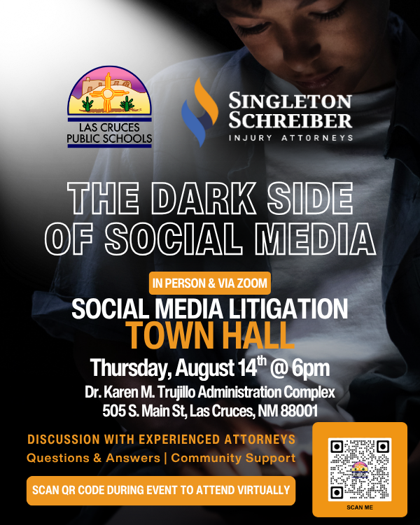 dark image with information on a social media lawsuit town hall meeting