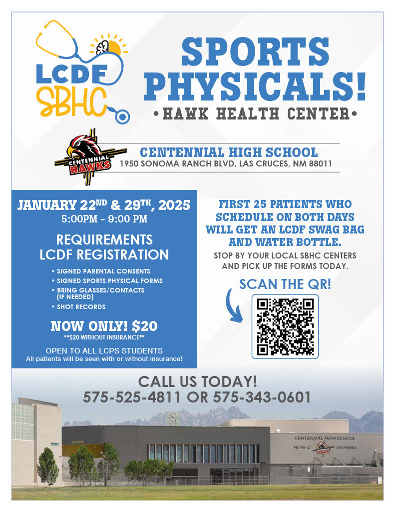 blue and white graphic with information on sports physicals for students