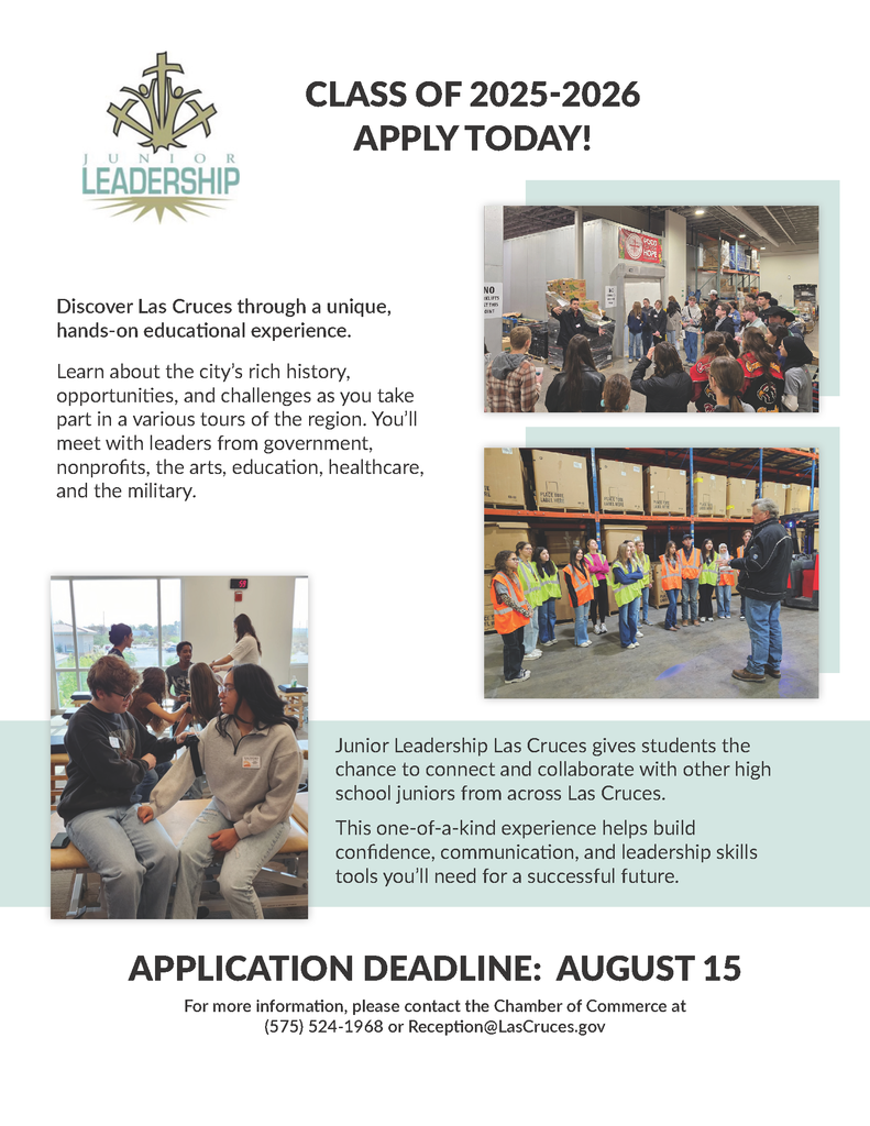 Join Junior Leadership of Las Cruces! A hands-on, immersive program where you'll connect with inspiring leaders in government, education, healthcare, the arts, nonprofits, and even the military.