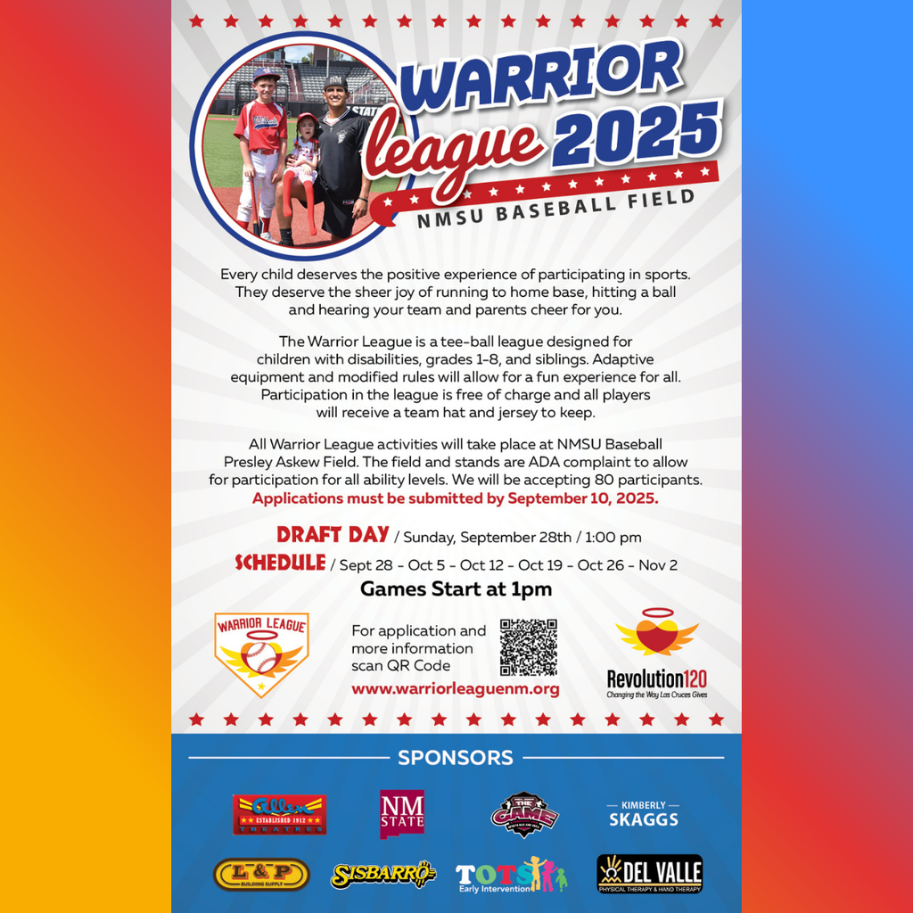Welcome to the Warrior League, where every child can experience the joy of baseball! Our inclusive T-ball program at NMSU's Presley Askew Field is specially designed for children with special disabilities and their siblings in grades 1-6.