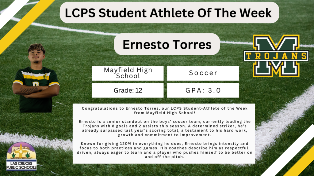 Congrats to Ernesto Torres, our LCPS Student-Athlete of the Week from Mayfield High School!