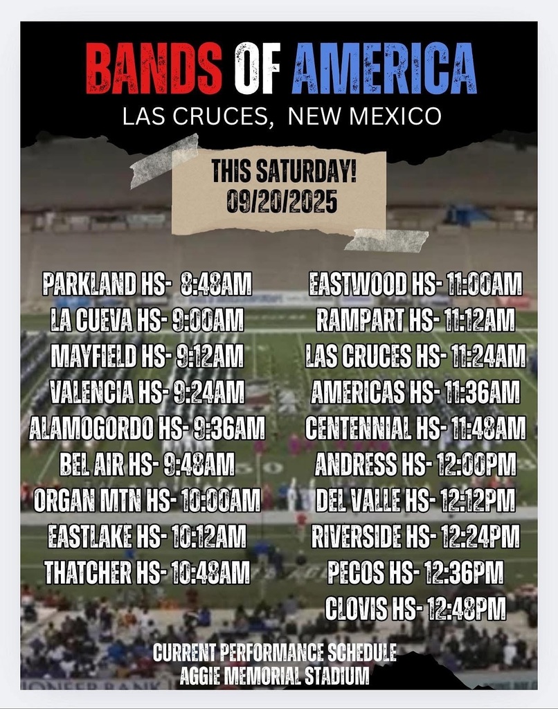Come out and support our Las Cruces Public Schools marching bands as they compete in the first competition of the season, the Music for All Bands of America New Mexico Regional, this Saturday, September 20th, at NMSU Aggie Memorial Stadium. 