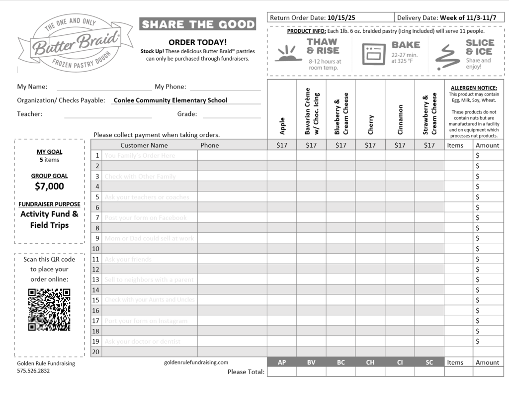 Butter Braid Fundraiser Order Form