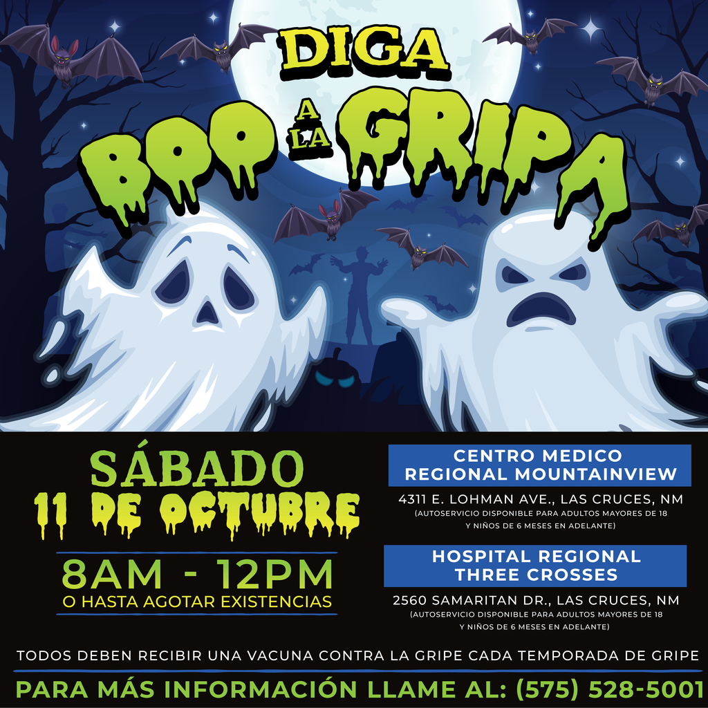 Halloween themed flyer with information on Boo to the Flu event Oct. 11 in Spanish
