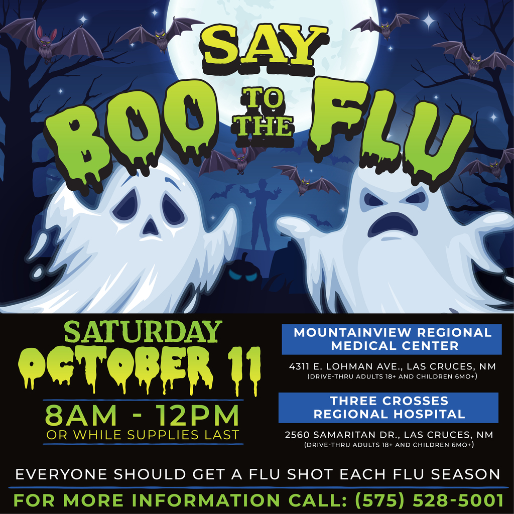 Halloween themed flyer with information on Boo to the Flu event Oct. 11 in English
