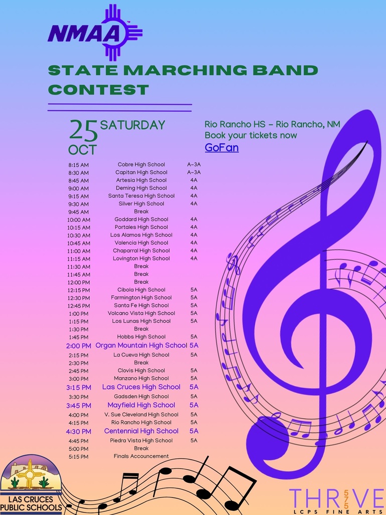 Good luck to all of our Las Cruces Public Schools marching bands as they travel to Rio Rancho this Saturday, October 25th, to compete at the 2nd annual State Marching Band Contest!