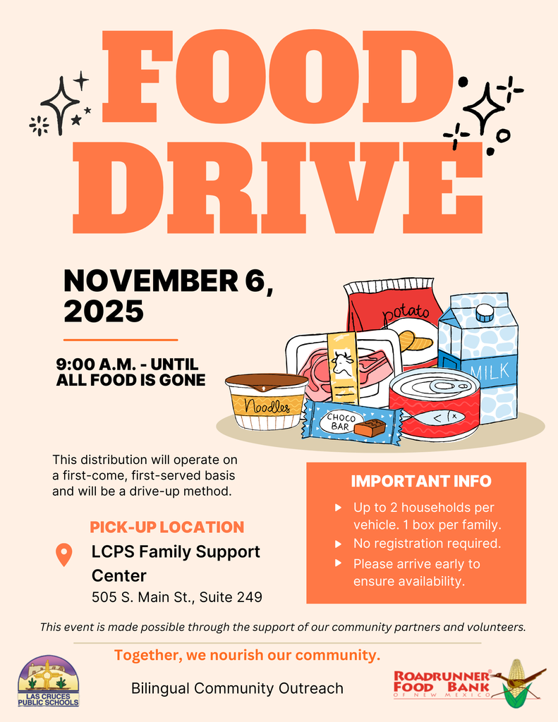 Reminder: Every first Thursday of the month, the LCPS Bilingual Community Outreach team partners with Roadrunner Food Bank to distribute meals to LCPS families in front of the LCPS Family Support Center