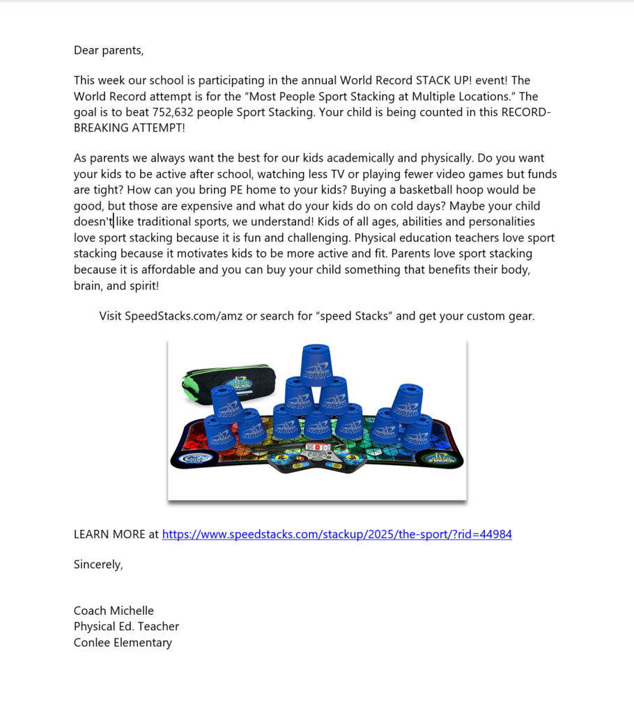 Cup stacking letter to parents