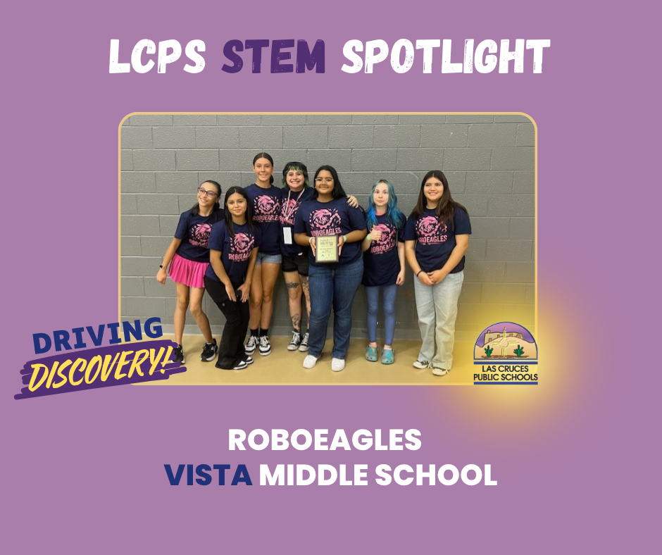 purple graphic with LCPS STEM spotlight photo of students