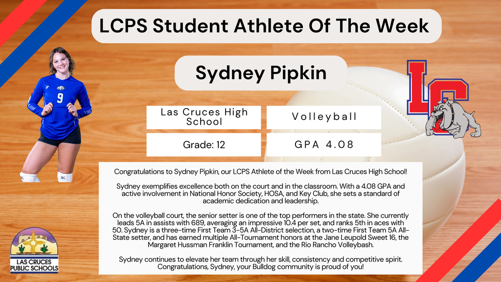 Congratulations to Sydney Pipkin, our LCPS Athlete of the Week from LCHS. Sydney shines with a 4.08 GPA and leadership in NHS, HOSA and Key Club. 