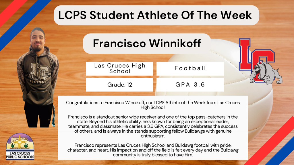 Congratulations to Francisco Winnikoff, our LCPS Athlete of the Week from LCHS! Francisco is a top senior wide receiver with a 3.6 GPA & a respected leader known for uplifting teammates and supporting other athletes in every sport.