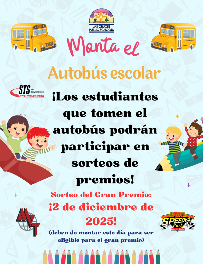 light blue flyer with school bus themed images and Spanish text