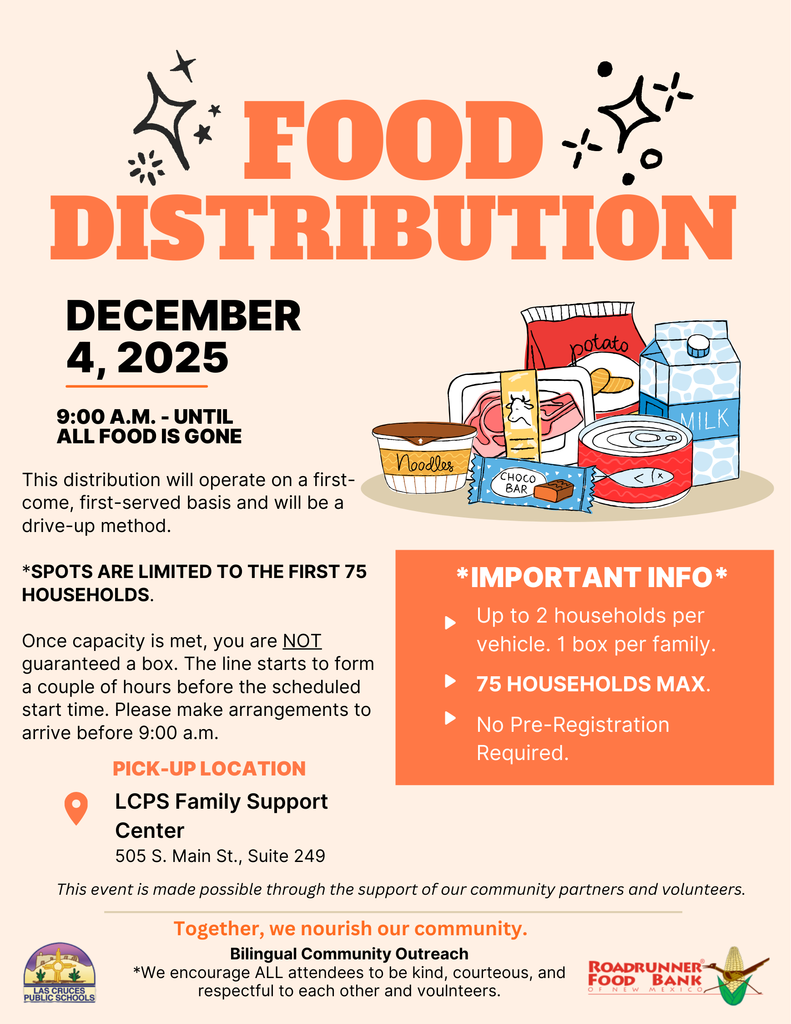 This Thursday, Dec. 4, Roadrunner Food Bank and the Bilingual Community Outreach team at Las Cruces Public Schools will partner to host a monthly drive-thru food distribution for LCPS families.