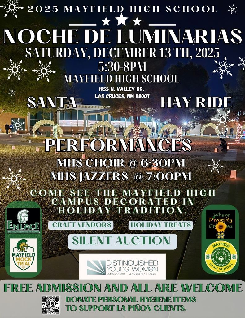 nighttime photo of Mayfield High School with information on the Dec. 13 luminaria event
