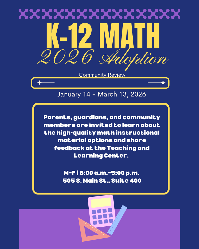 purple and yellow graphic with information on K-12 math instructional materials review