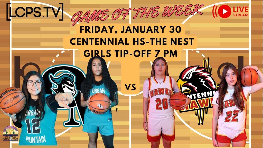 yellow basketball court graphic with LCPSTV game of the week livestream information